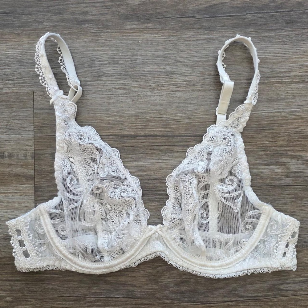 Aubade Paris Pour Toujours White Sheer Embroidered Plunge Bra 32B Luxury Lace